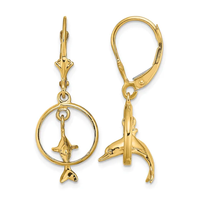 Pair of gold-colored leverback earrings featuring dangling circular frames with small shark charms suspended inside.