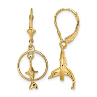 Pair of gold-colored leverback earrings featuring dangling circular frames with small shark charms suspended inside.