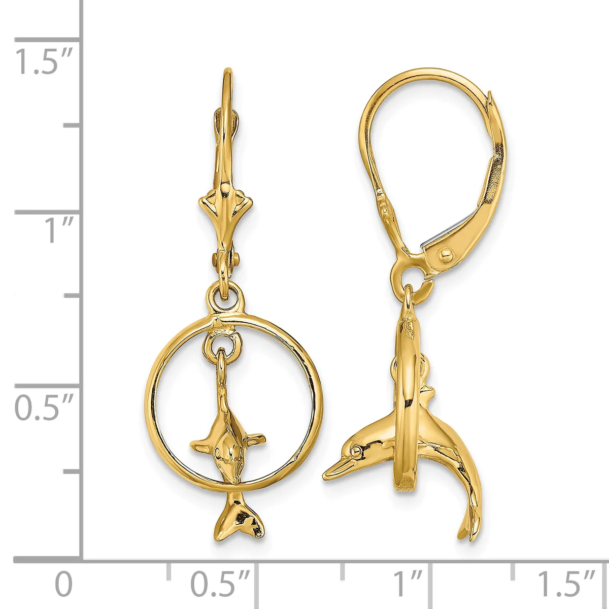 Gold-colored dangle earrings featuring circular frames with fish charms inside, shown on a measurement scale up to 1.5 inches.