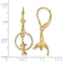 Gold-colored dangle earrings featuring circular frames with fish charms inside, shown on a measurement scale up to 1.5 inches.