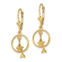 Pair of gold-tone lever-back earrings with circular rings suspended from decorative connectors and small whale tail charms hanging below.
