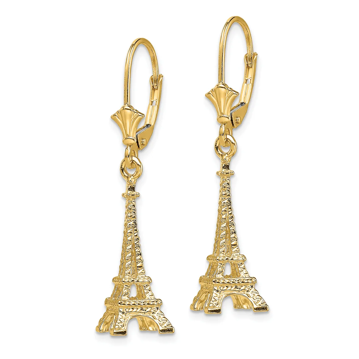 Pair of gold-toned lever-back earrings with decorative fan-shaped tops and dangling Eiffel Tower charms with textured details.