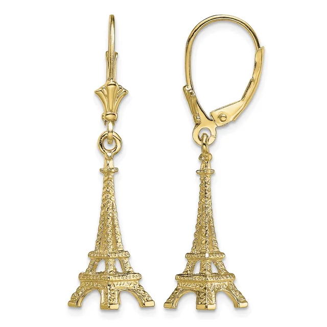 A pair of gold Eiffel Tower charm earrings with lever-back closures shown from front and side views.