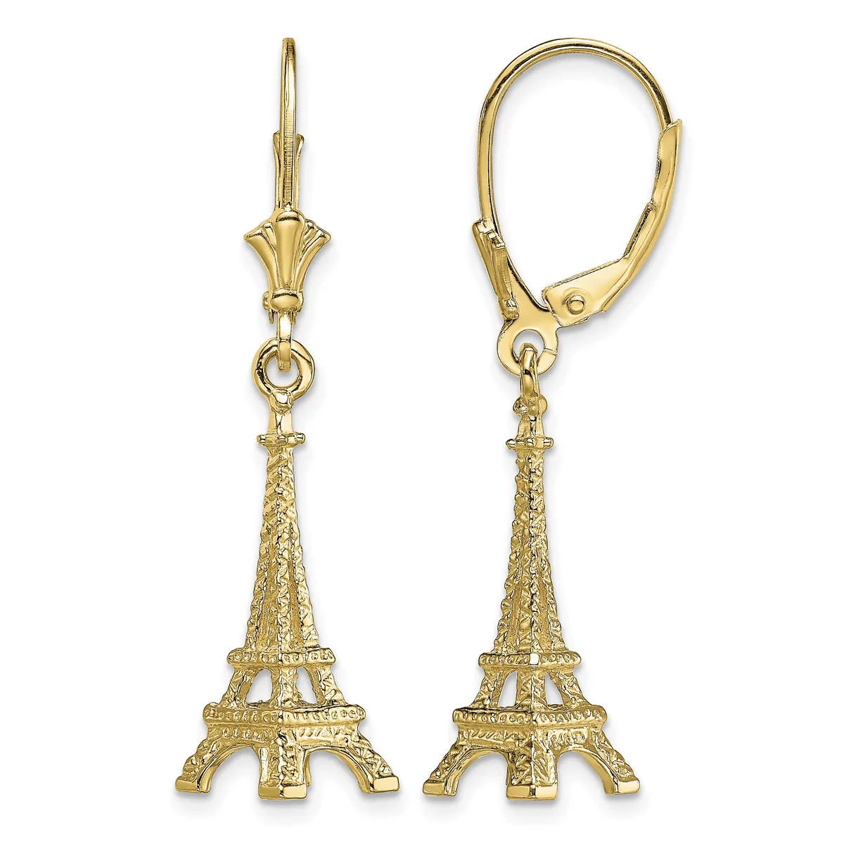 A pair of gold Eiffel Tower charm earrings with lever-back closures shown from front and side views.