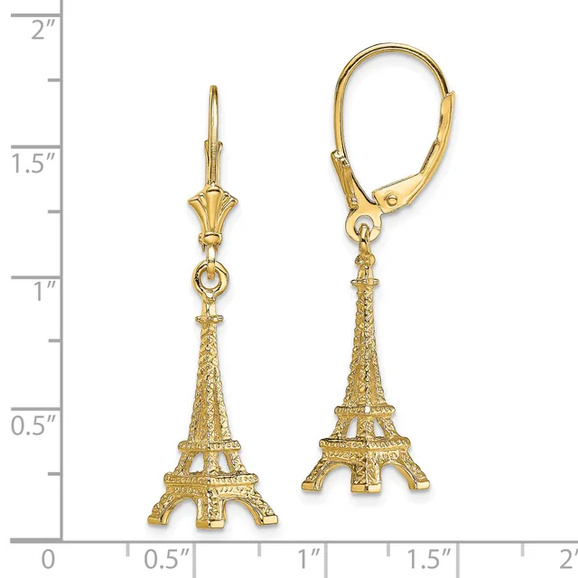 Gold-toned Eiffel Tower dangle earrings with lever backs, displayed against a ruler showing approximately 1.75 inches in length.