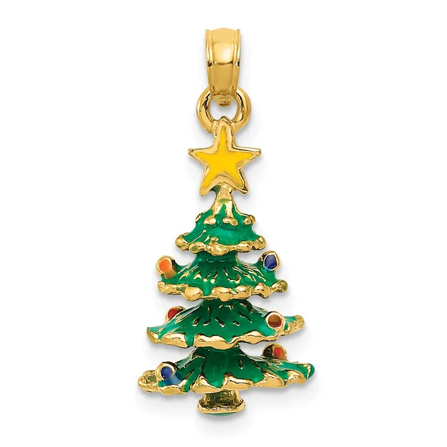 Gold-toned Christmas tree pendant with green enamel, colorful gemstone ornaments, and a gold star on top, suspended from a bail.