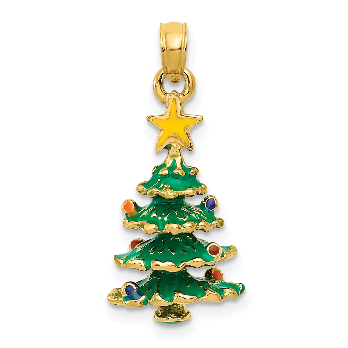 Gold-toned Christmas tree pendant with green enamel, colorful gemstone ornaments, and a gold star on top, suspended from a bail.