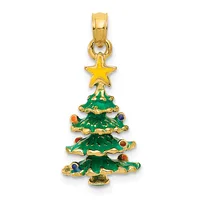 Gold-toned Christmas tree pendant with green enamel, colorful gemstone ornaments, and a gold star on top, suspended from a bail.