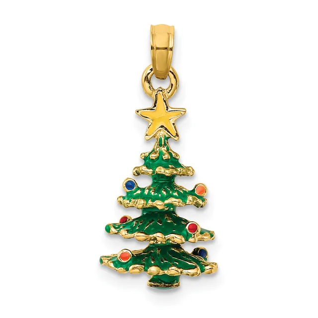 Gold Christmas tree pendant with green enamel, colorful gemstone ornaments, and a gold star topper on a bail.