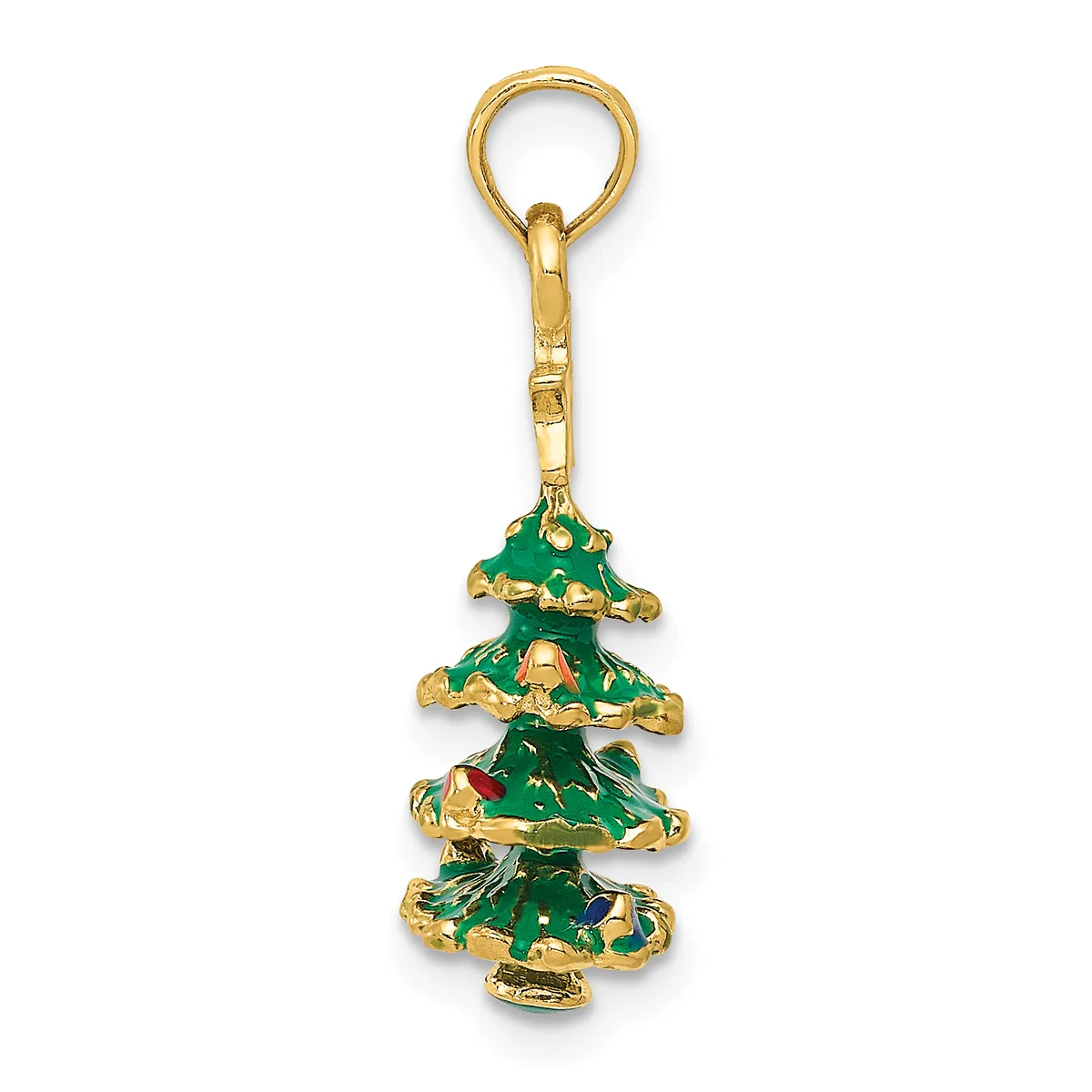 Gold-toned Christmas tree charm with green enamel coating, gold accents, and a red stone detail, suspended from a gold loop.