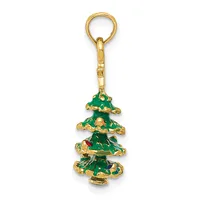 Gold-toned Christmas tree charm with green enamel coating, gold accents, and a red stone detail, suspended from a gold loop.