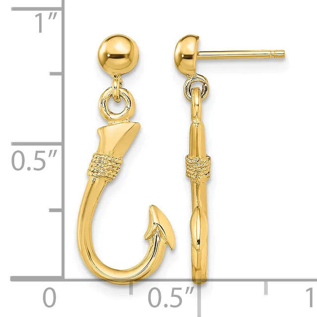 Pair of gold fish hook dangle earrings with ball studs, shown front and side view against a measurement scale.