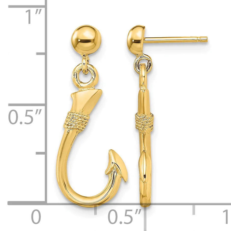 Pair of gold fish hook dangle earrings with ball studs, shown front and side view against a measurement scale.