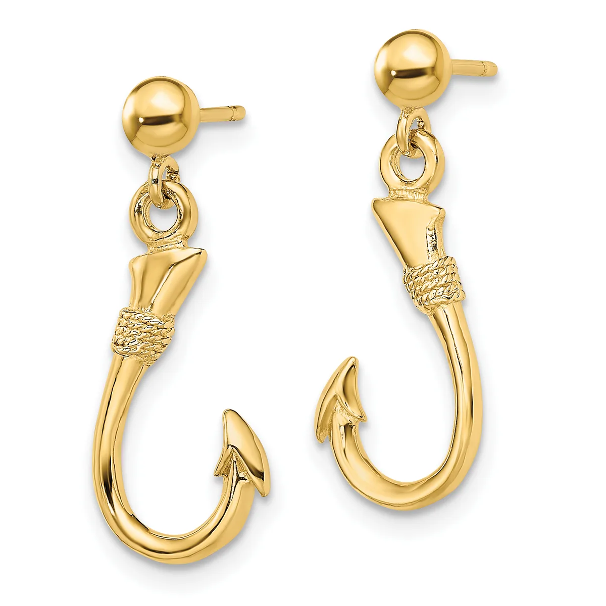 Pair of gold fish hook earrings with ball studs, featuring wrapped details near the hook eyes and polished curved shanks.