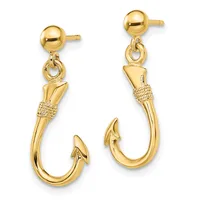 Pair of gold fish hook earrings with ball studs, featuring wrapped details near the hook eyes and polished curved shanks.