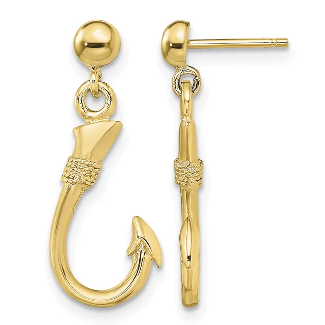 Pair of gold fish hook dangle earrings with ball studs, shown from front and side views.