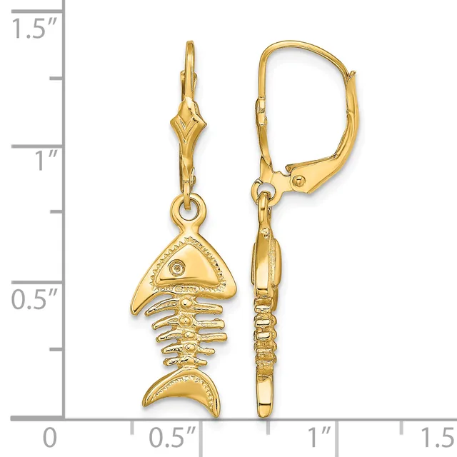 Gold-toned fish skeleton dangle earrings with leverback closures, shown next to a ruler indicating approximately 1.25 inches in length.