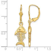 Gold-toned fish skeleton dangle earrings with leverback closures, shown next to a ruler indicating approximately 1.25 inches in length.