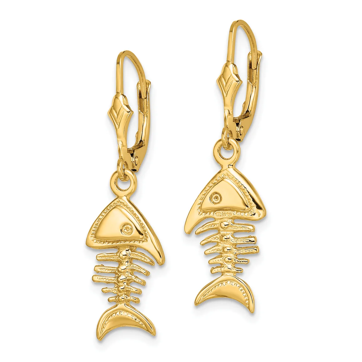 Pair of gold fish skeleton dangle earrings with lever-back closures and small diamond accents on the head.