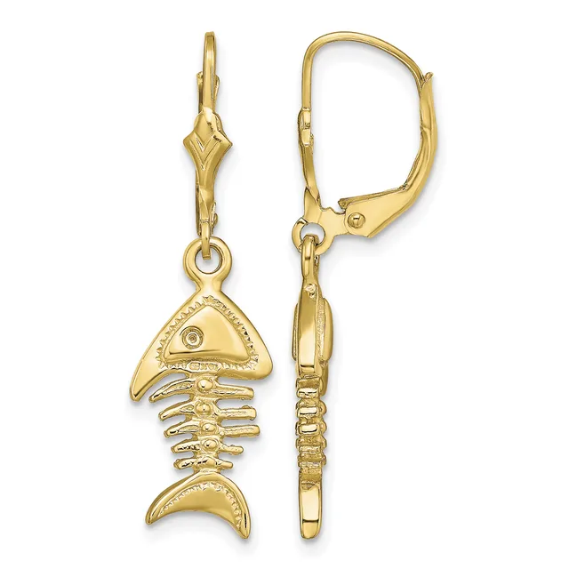 Pair of gold-colored fish skeleton dangle earrings with leverback closures, shown front and side views.
