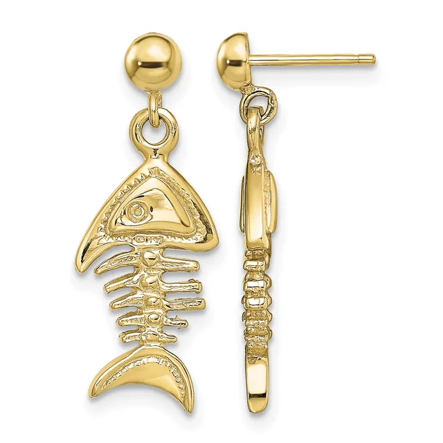 Pair of gold fish skeleton dangle earrings with ball studs, shown front and side view.