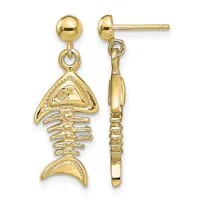 Pair of gold fish skeleton dangle earrings with ball studs, shown front and side view.