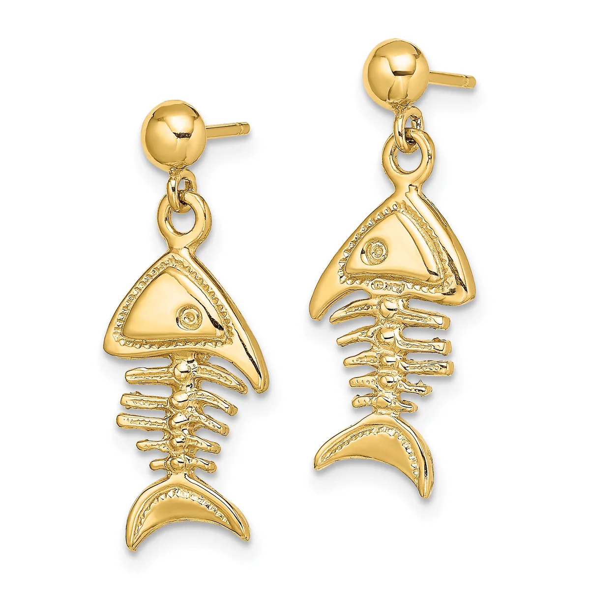 Pair of gold fish skeleton dangle earrings with ball studs, featuring triangular heads with small gemstones and segmented bone bodies with crescent-shaped tails.