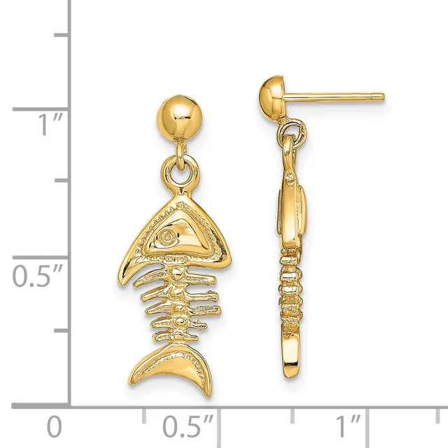 Gold-toned fish skeleton dangle earrings with ball studs, shown next to a measurement ruler indicating approximately one inch in length.