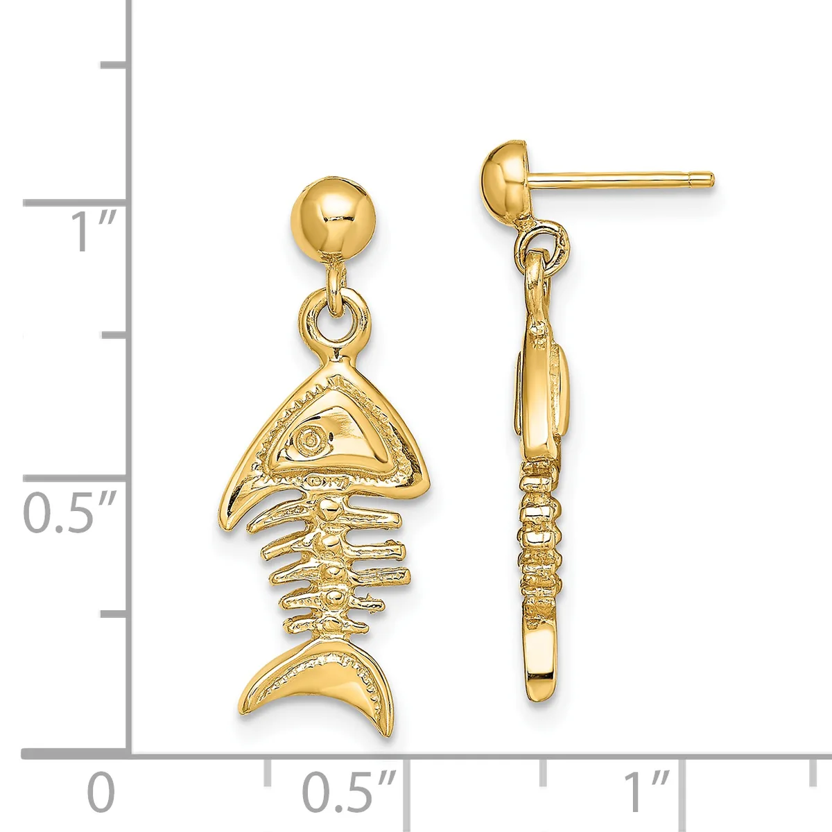 Gold-toned fish skeleton dangle earrings with ball studs, shown next to a measurement ruler indicating approximately one inch in length.