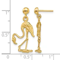 Gold-toned dangle earrings featuring ostrich or crane figurines with long curved necks and legs, shown against a measurement scale.