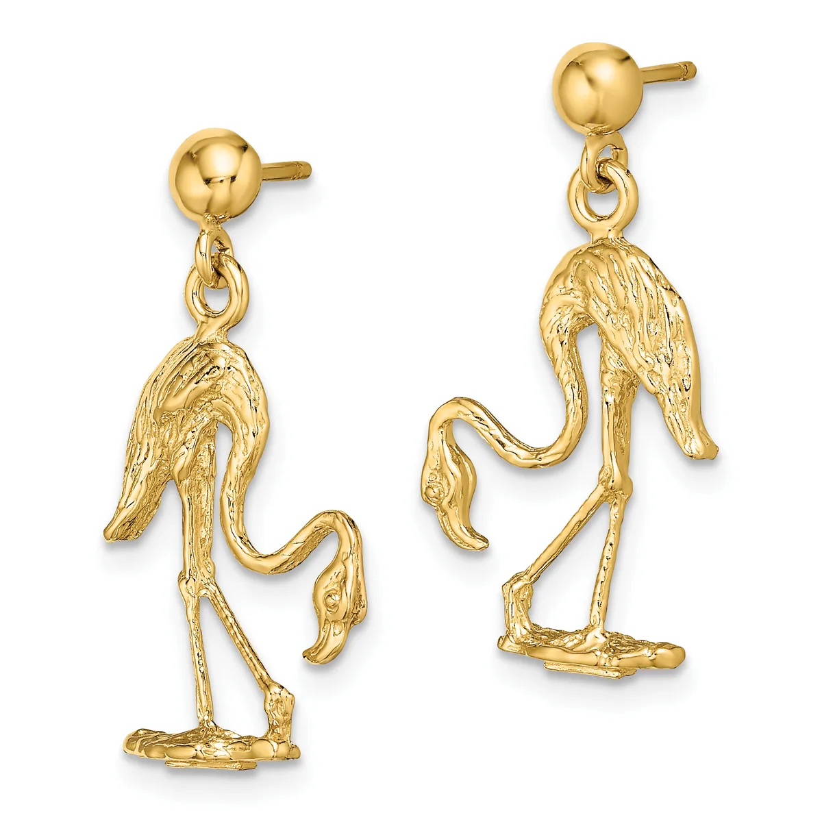 Pair of gold dangle earrings featuring stylized ostrich figures with detailed feather texturing, suspended from round ball studs.