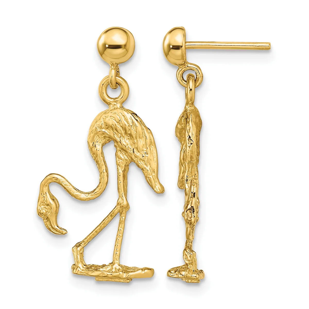 Pair of gold dangle earrings with ball studs featuring ostrich or emu figures in a stylized standing pose with long curved necks and legs.