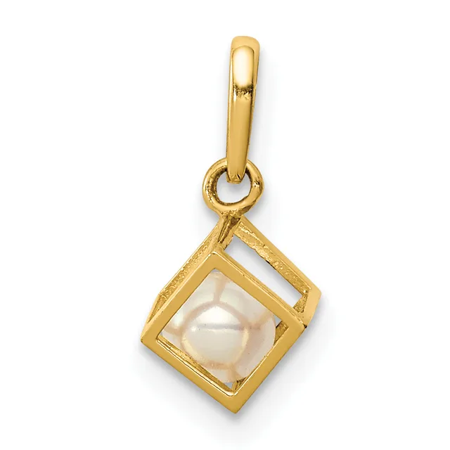 Gold pendant with a square frame containing a white pearl, suspended from a gold bail.