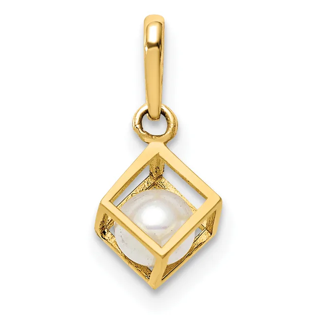 Gold pendant featuring a white pearl housed within an open square gold frame with textured sides, suspended from a bail loop.