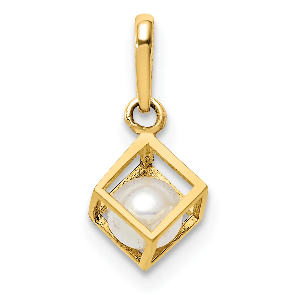 Gold pendant featuring a white pearl housed within an open square gold frame with textured sides, suspended from a bail loop.