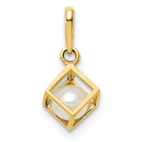 Gold pendant featuring a white pearl housed within an open square gold frame with textured sides, suspended from a bail loop.