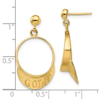 Pair of gold dangle earrings with ball studs, featuring oval frames with textured lower sections and tapered cone-shaped drops, displayed against a measurement scale.