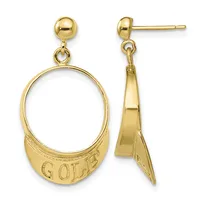 Pair of gold-toned dangle earrings with ball studs, featuring oval rings with textured lower sections, shown from front and side views.