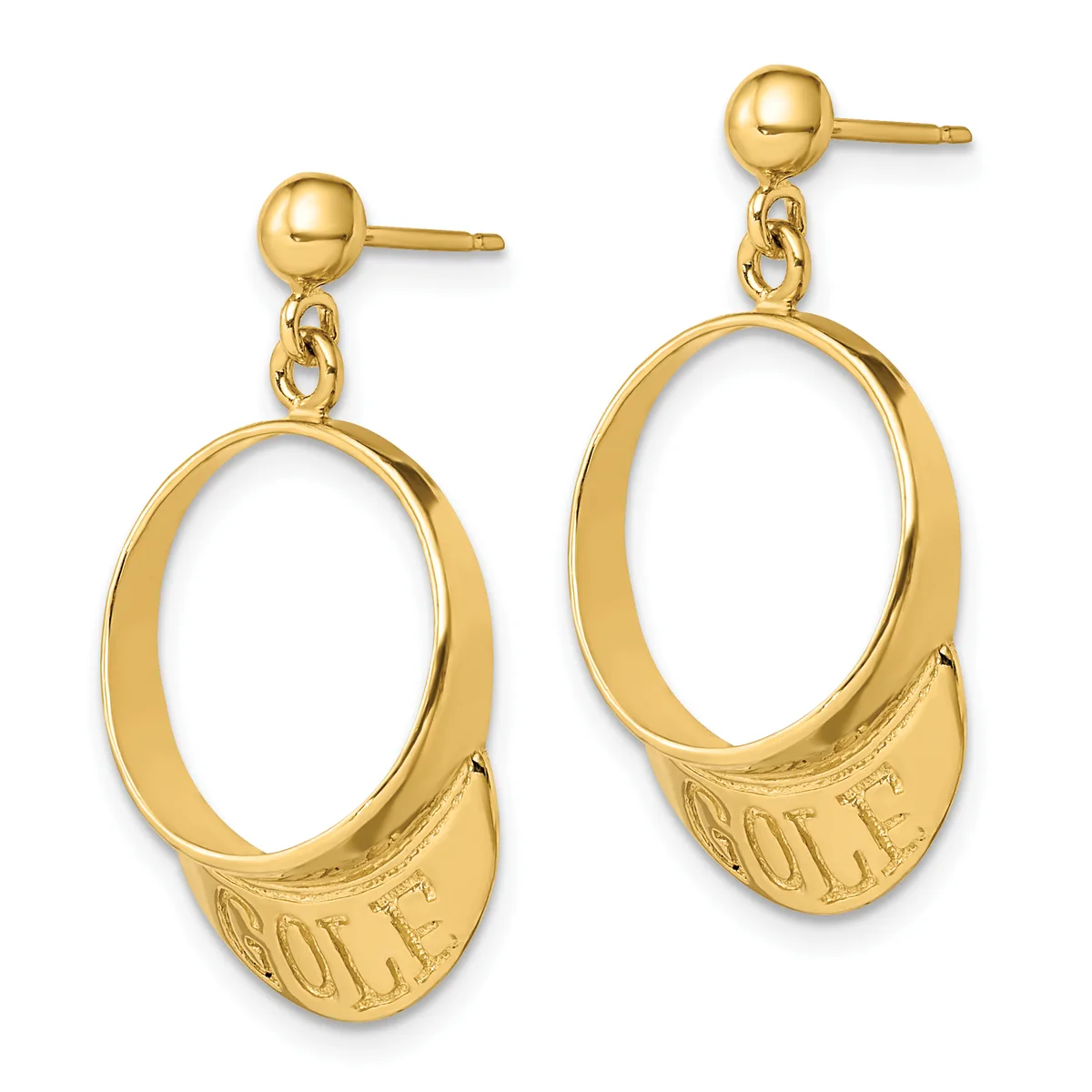 A pair of gold dangle earrings with ball studs connected by small chains to oval hoops with textured lower sections.