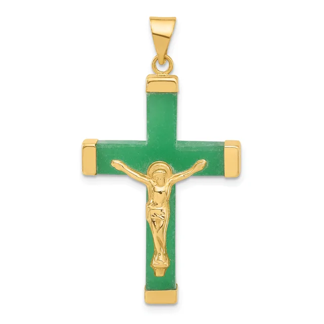 A gold crucifix pendant with a green jade cross and a polished gold corpus figure, with gold corner caps and a bale at the top.