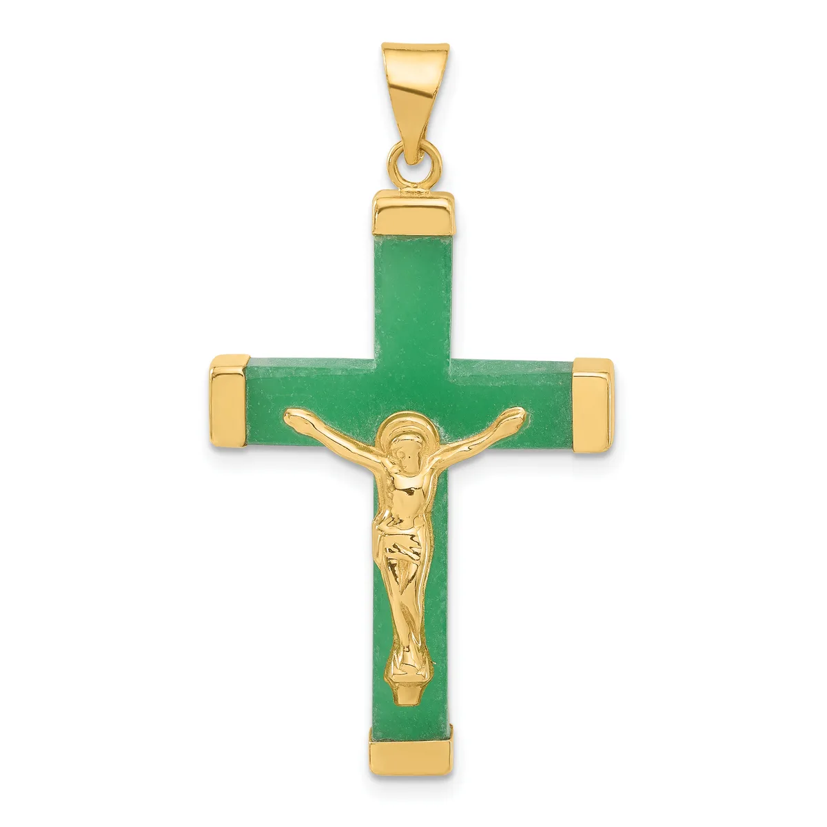 A gold crucifix pendant with a green jade cross and a polished gold corpus figure, with gold corner caps and a bale at the top.