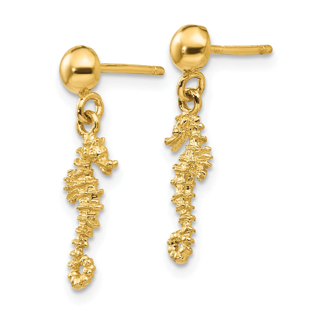 Pair of gold drop earrings with polished ball studs and textured seahorse-shaped pendants hanging from jump rings.