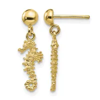 Pair of gold drop earrings with ball studs attached to textured coral-like pendants, shown from front and side views.