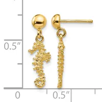 Pair of gold-colored seahorse dangle earrings with polished ball studs, displayed against a measurement scale showing approximately half-inch length.