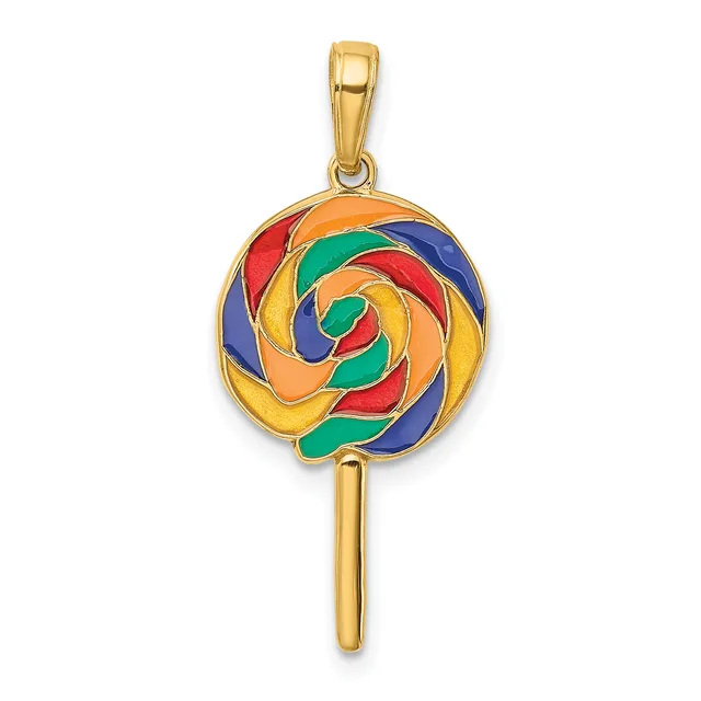 Gold pendant shaped like a lollipop with a circular spiral design in red, blue, orange, and green enamel, suspended from a gold bail above a straight gold stick handle.