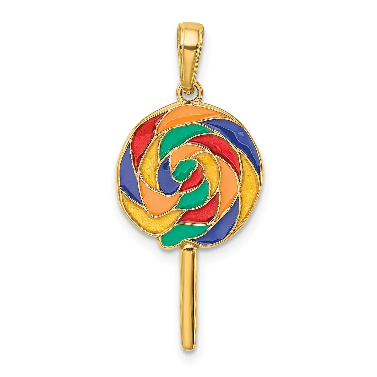 Gold pendant shaped like a lollipop with a circular spiral design in red, blue, orange, and green enamel, suspended from a gold bail above a straight gold stick handle.