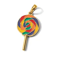 A gold-toned lollipop pendant charm with a swirled candy head in red, orange, yellow, green, and blue enamel stripes, suspended from a gold bail above a cylindrical stick.