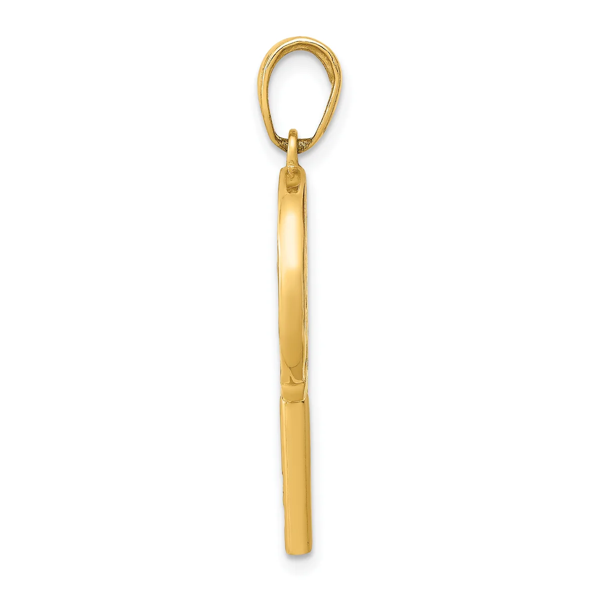 A polished gold-colored cylindrical pendant with a looped bail at the top, shown vertically against a white background.