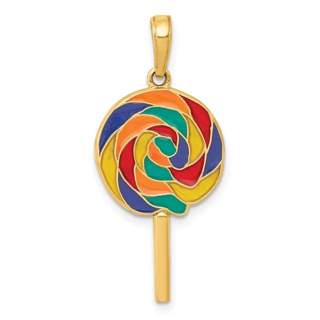 Gold pendant featuring a colorful spiral lollipop design with blue, red, yellow, orange, and green enamel sections, suspended from a gold bail above a cylindrical gold stick.