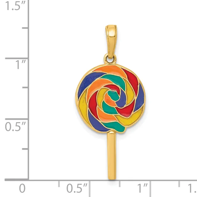 Gold lollipop pendant with colorful enamel stripes in blue, red, orange, yellow, and green, shown next to a ruler measuring approximately 1.25 inches in length.